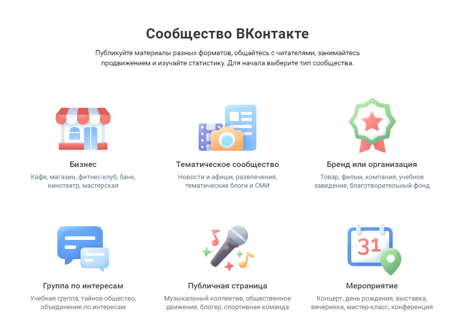 Выбор типа сообщества в ВК